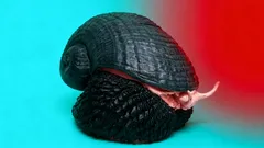 Černý hlemýžď na barevném pozadí, modrá a červená barva, neobvyklé zbarvení ulity.