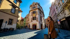 Žena stojí na historickém náměstí v Praze za slunečného dne, okolní staré budovy.